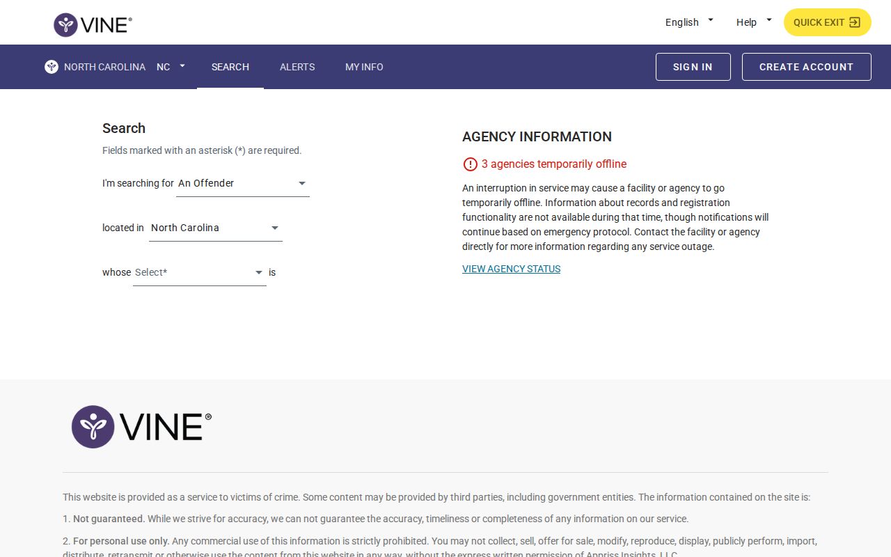VINELink North Carolina person search screen for checking custody