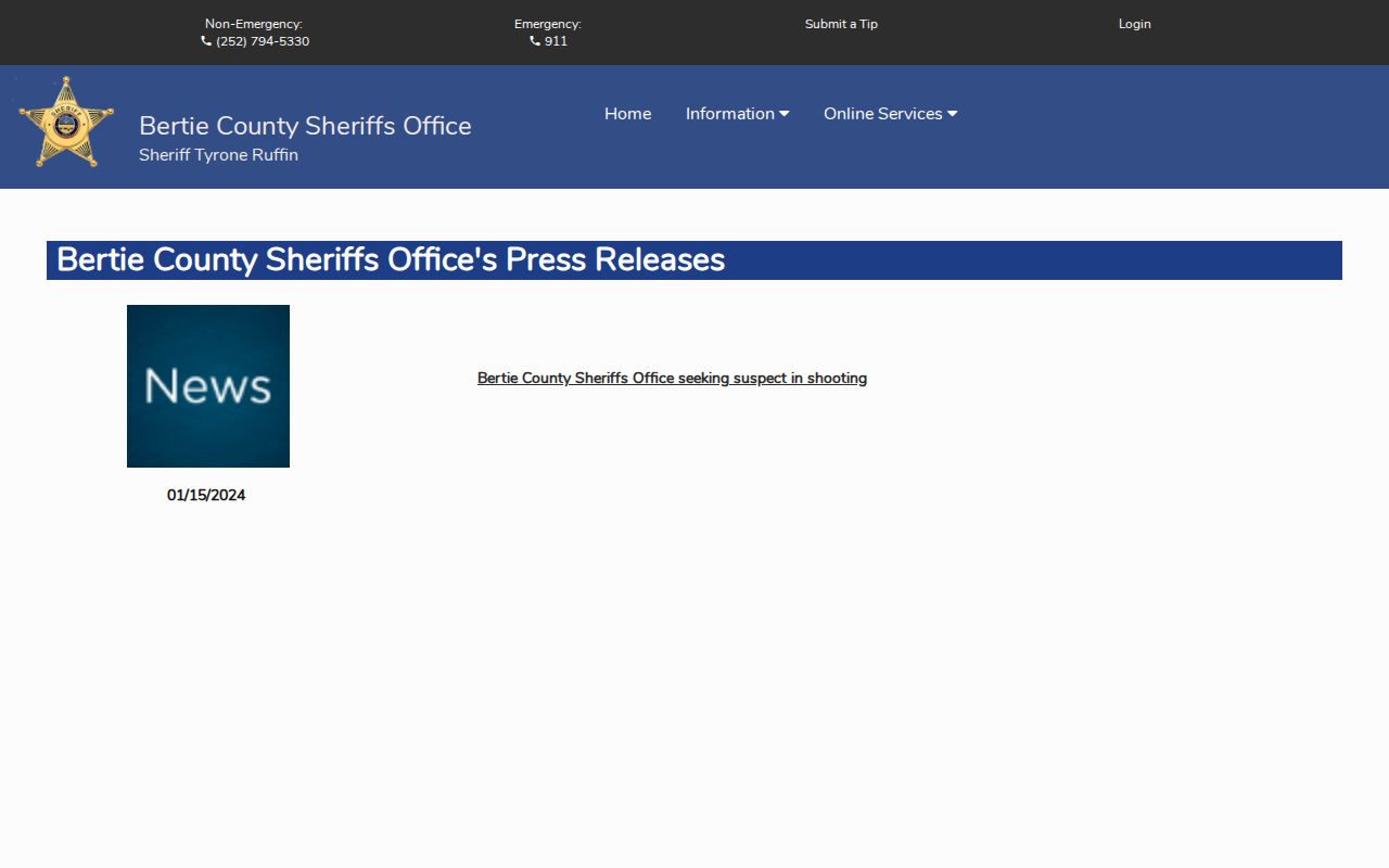 Bertie County Sheriff selective press-release archive rather than a complete arrest blotter