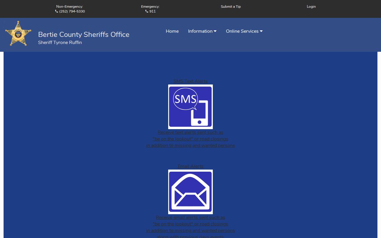 Bertie County Sheriff SMS and email public-safety alert choices
