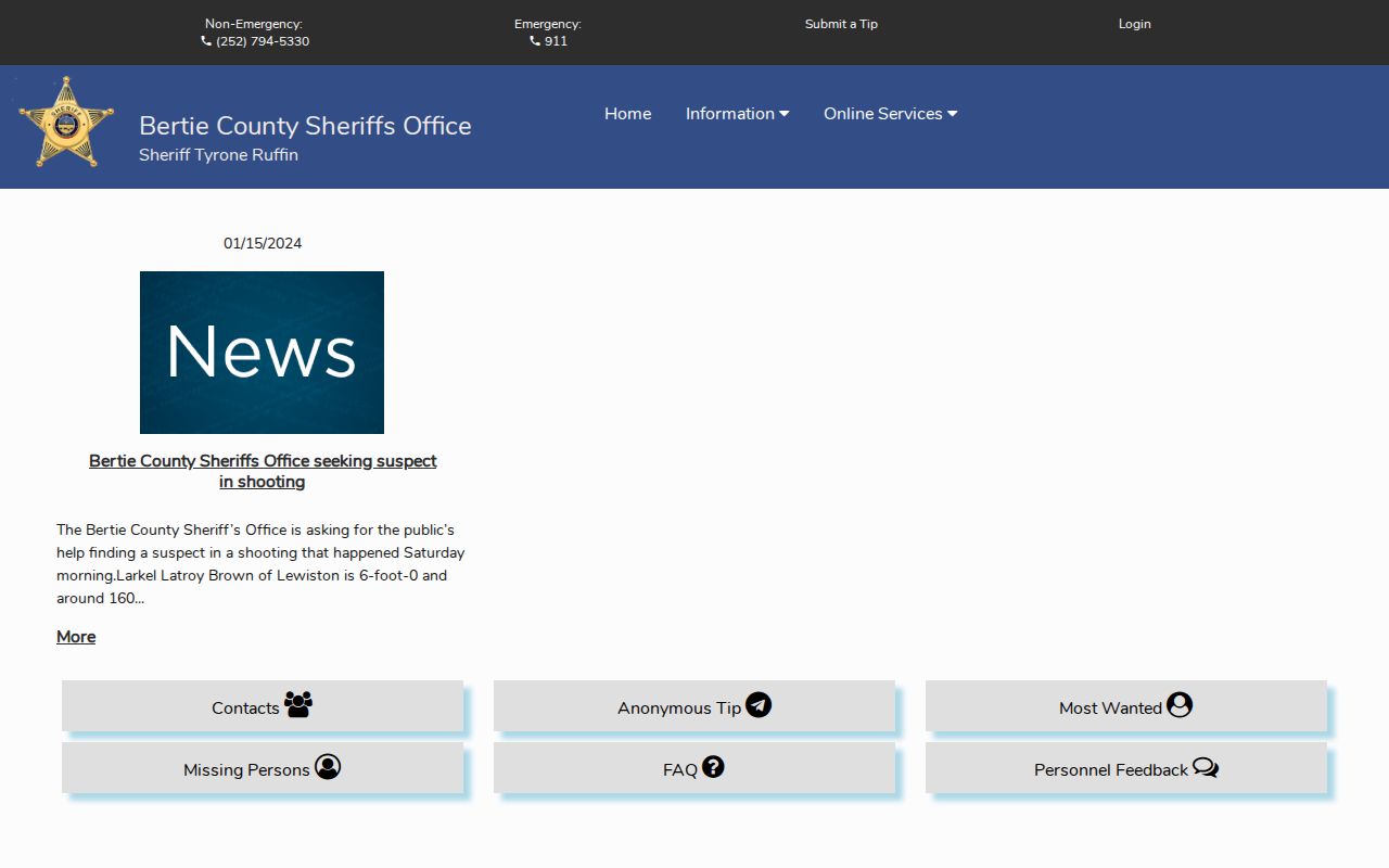 Bertie County Sheriff Citizen Connect public modules and contact information