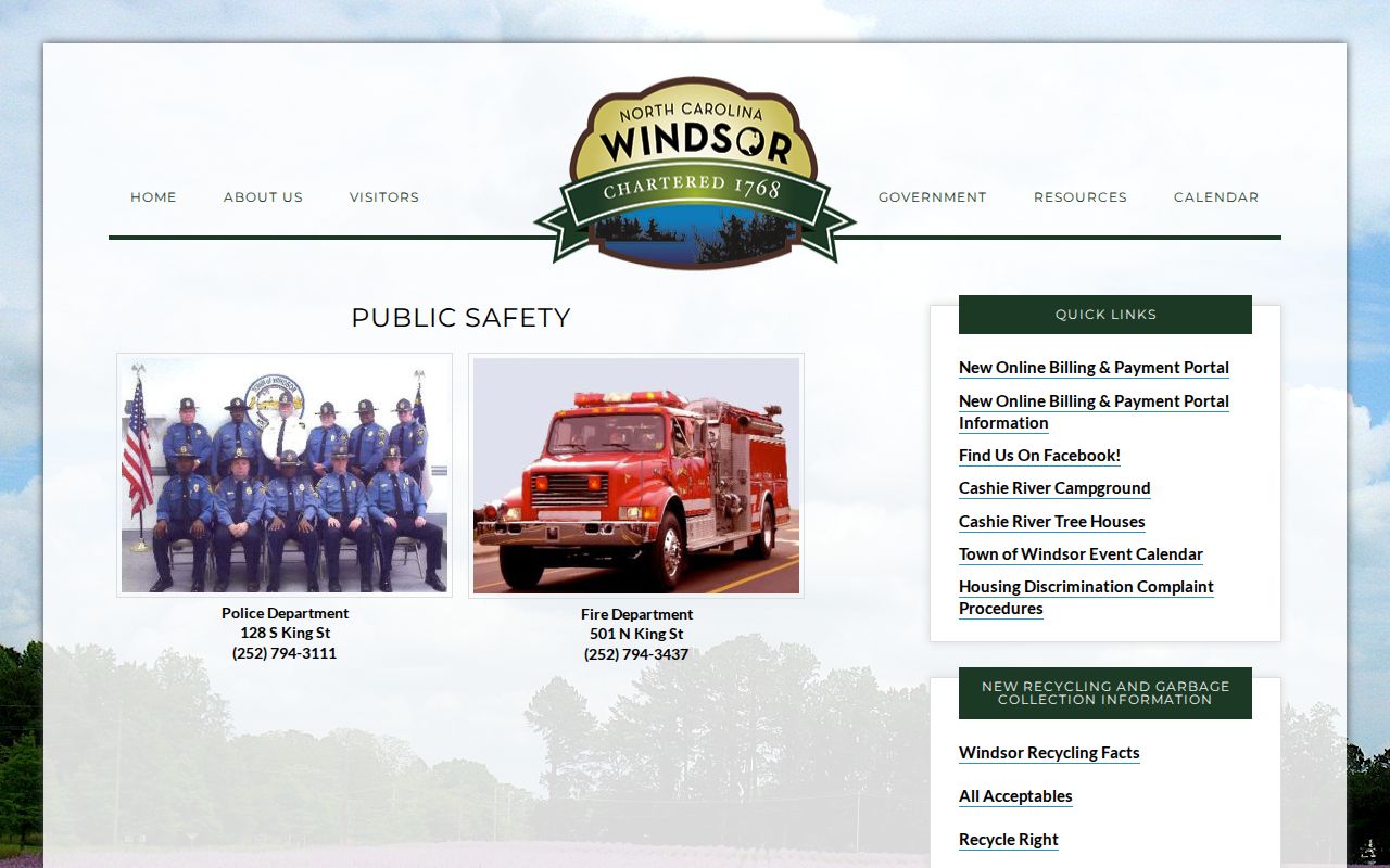 Town of Windsor North Carolina Public Safety page with police contact information