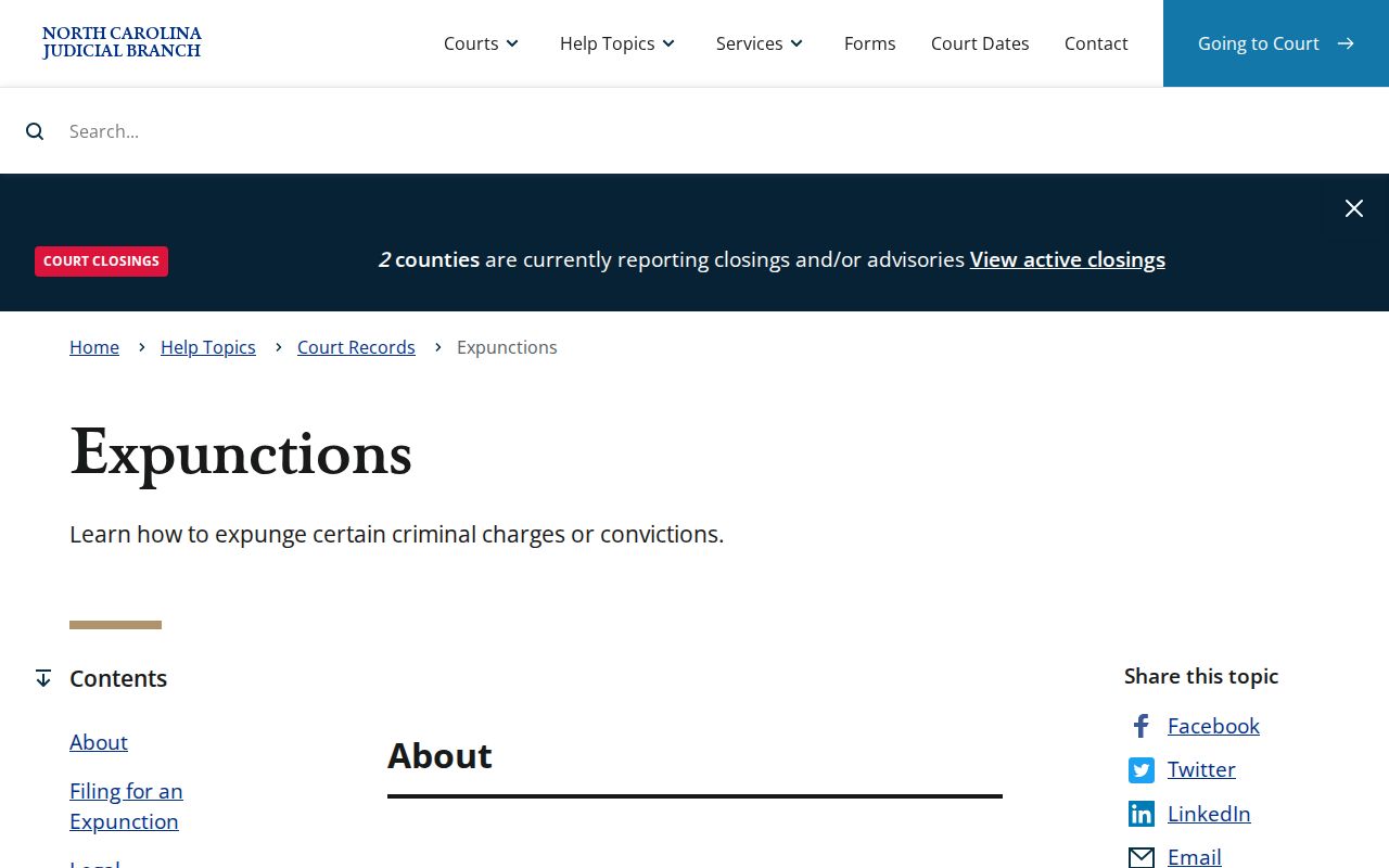 North Carolina Judicial Branch official expunction guidance