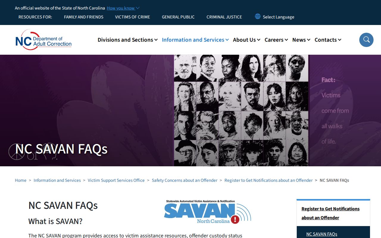North Carolina SAVAN official guidance about custody searches and alerts