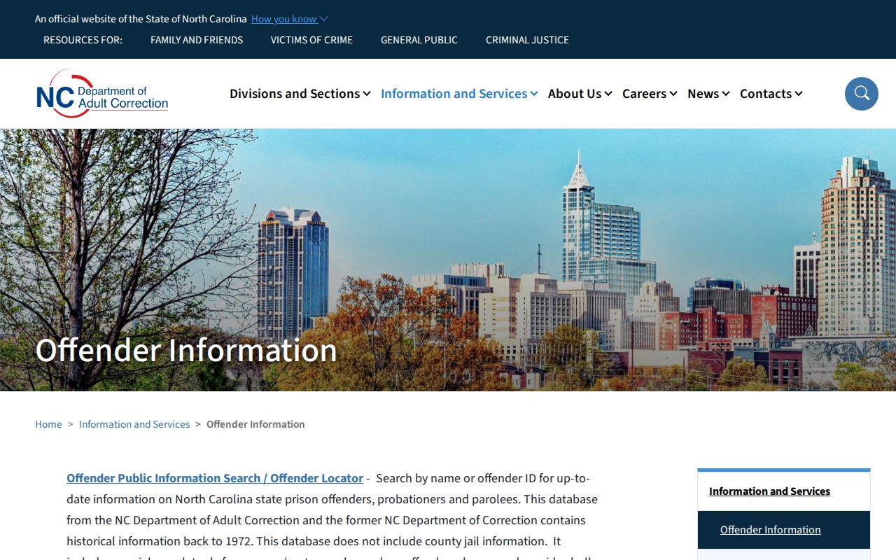 North Carolina Department of Adult Correction search scope explanation
